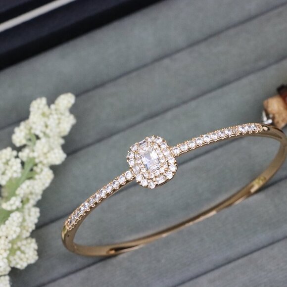 Rose Gold Bangle with Halo Cushion Cut Center and Stone Band, XPBL0558 - Picture 11 of 12